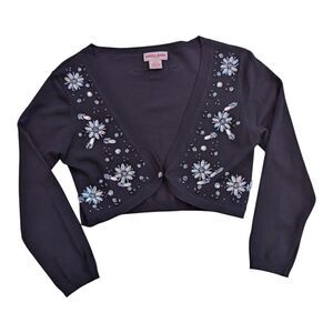 GUESS JEANS Black Beaded Cropped Cardigan Sweater Bolero Shrug Sz M Embellished